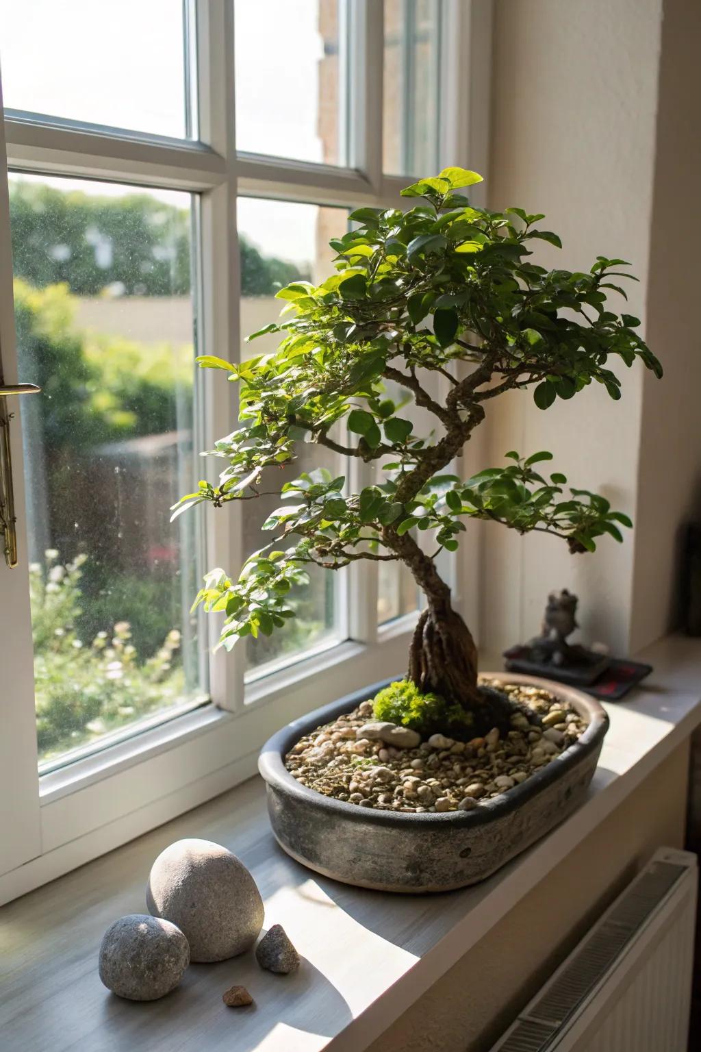 Bonsai and pebbles create a serene window display.