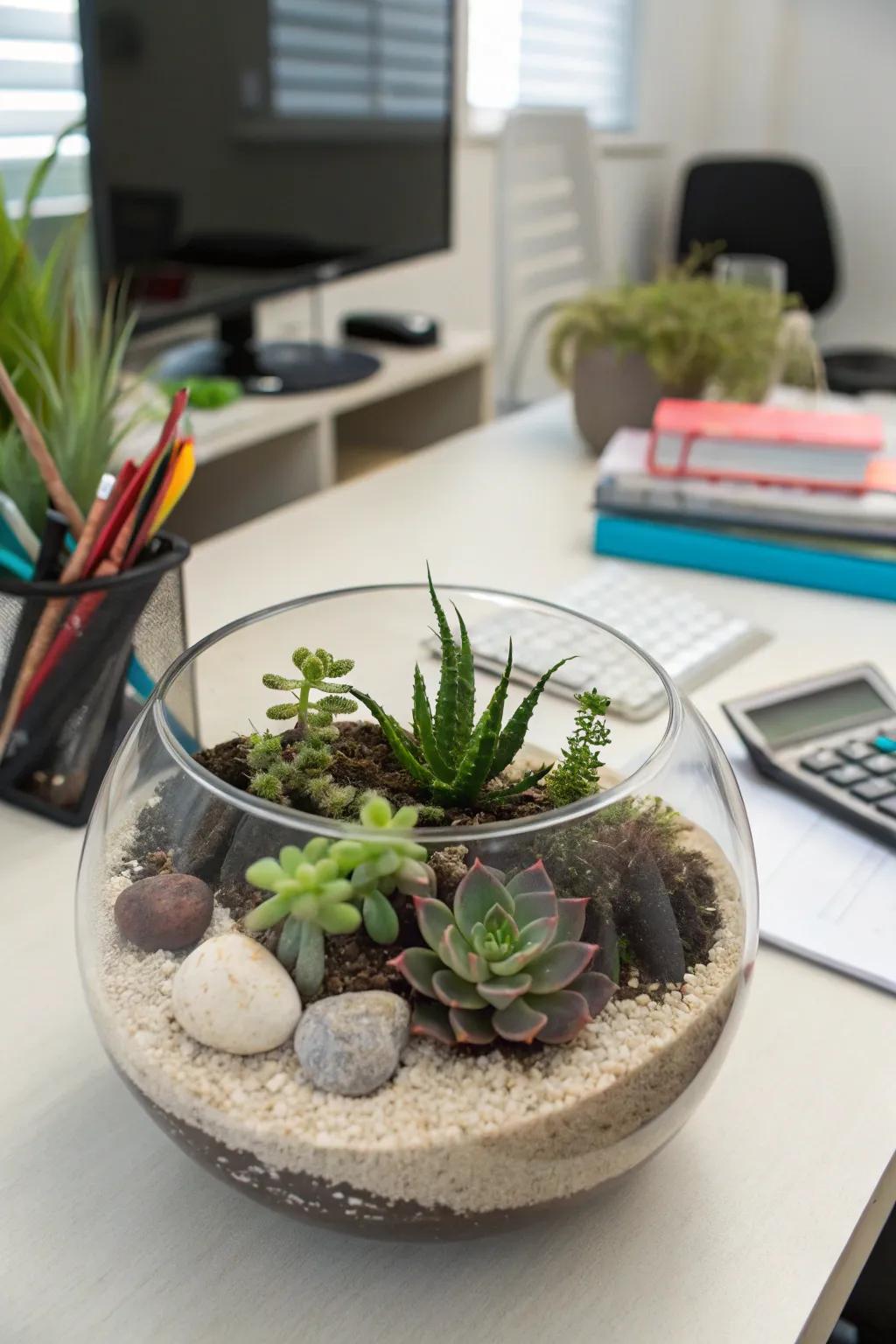 A zen garden terrarium brings nature's calm to your workspace.