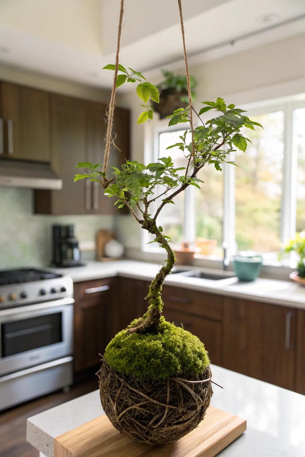 A hanging kokedama brings a lively touch to your space.