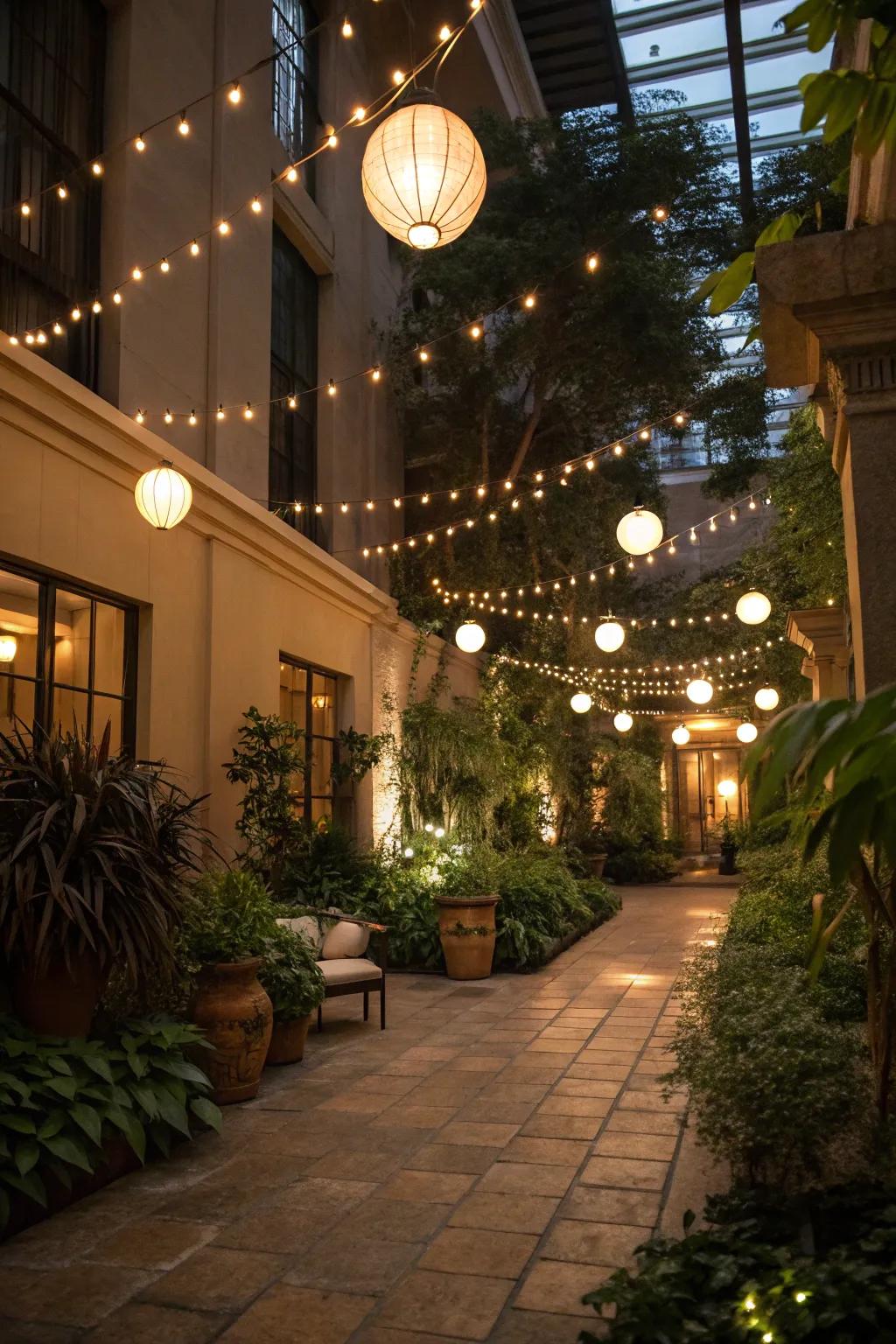 Evening lighting transforms your atrium into a magical retreat.