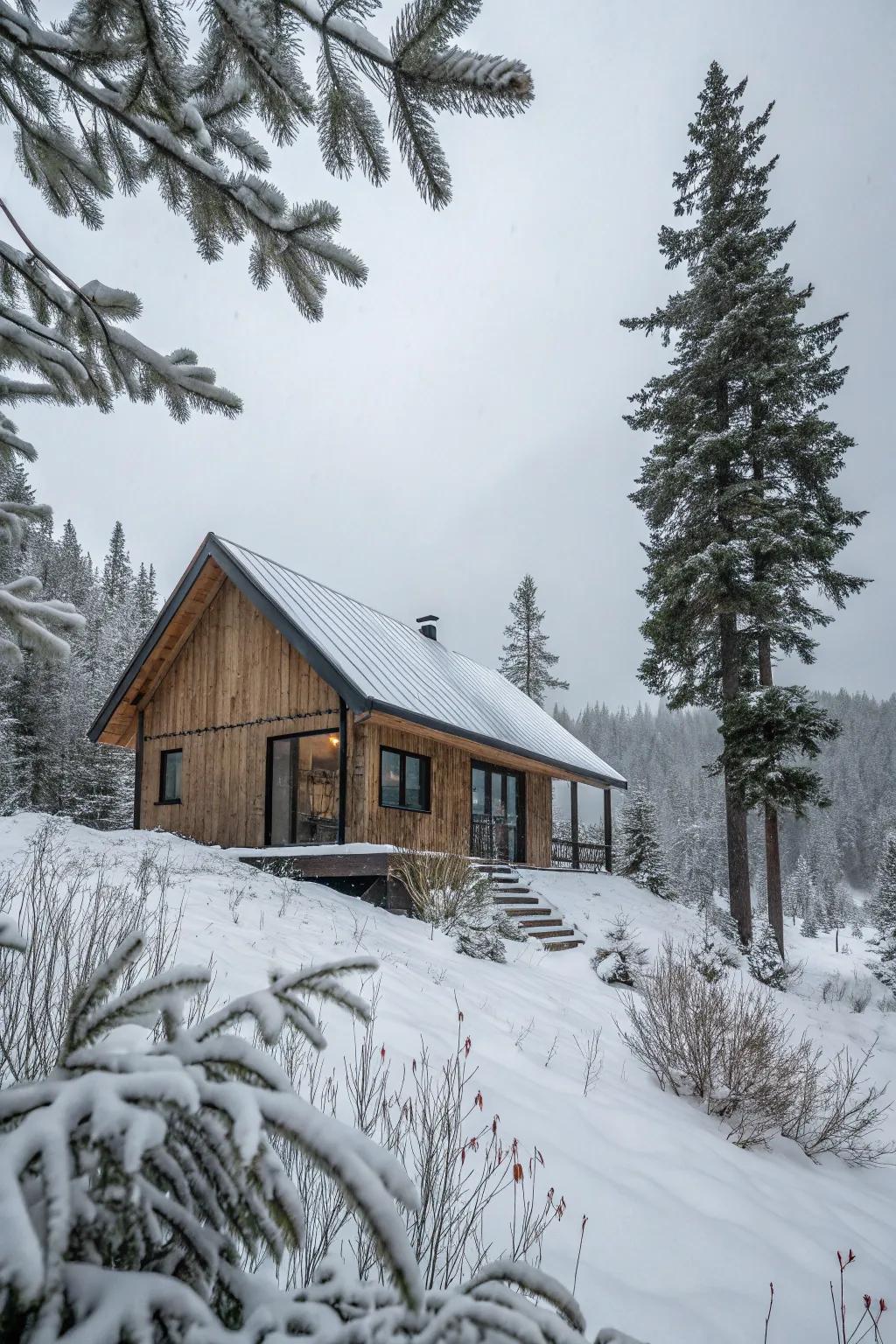 A modern cabin with a shed roof effortlessly handling the snow.