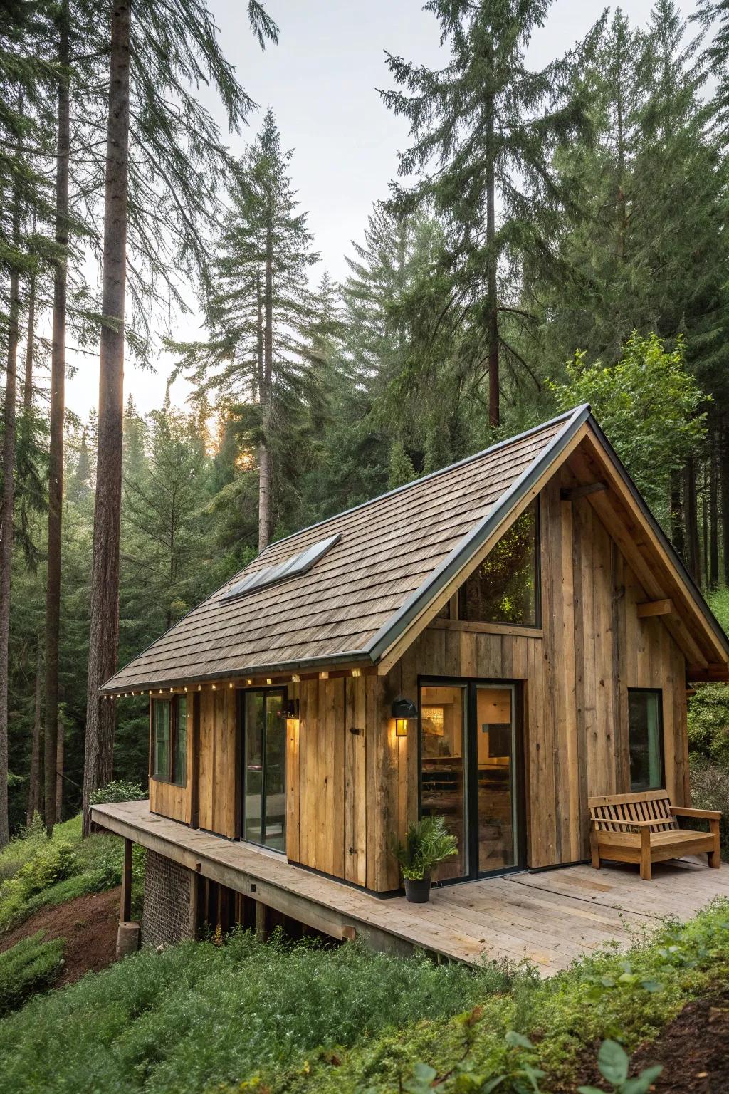 A sustainable cabin with a roof crafted from reclaimed wood.
