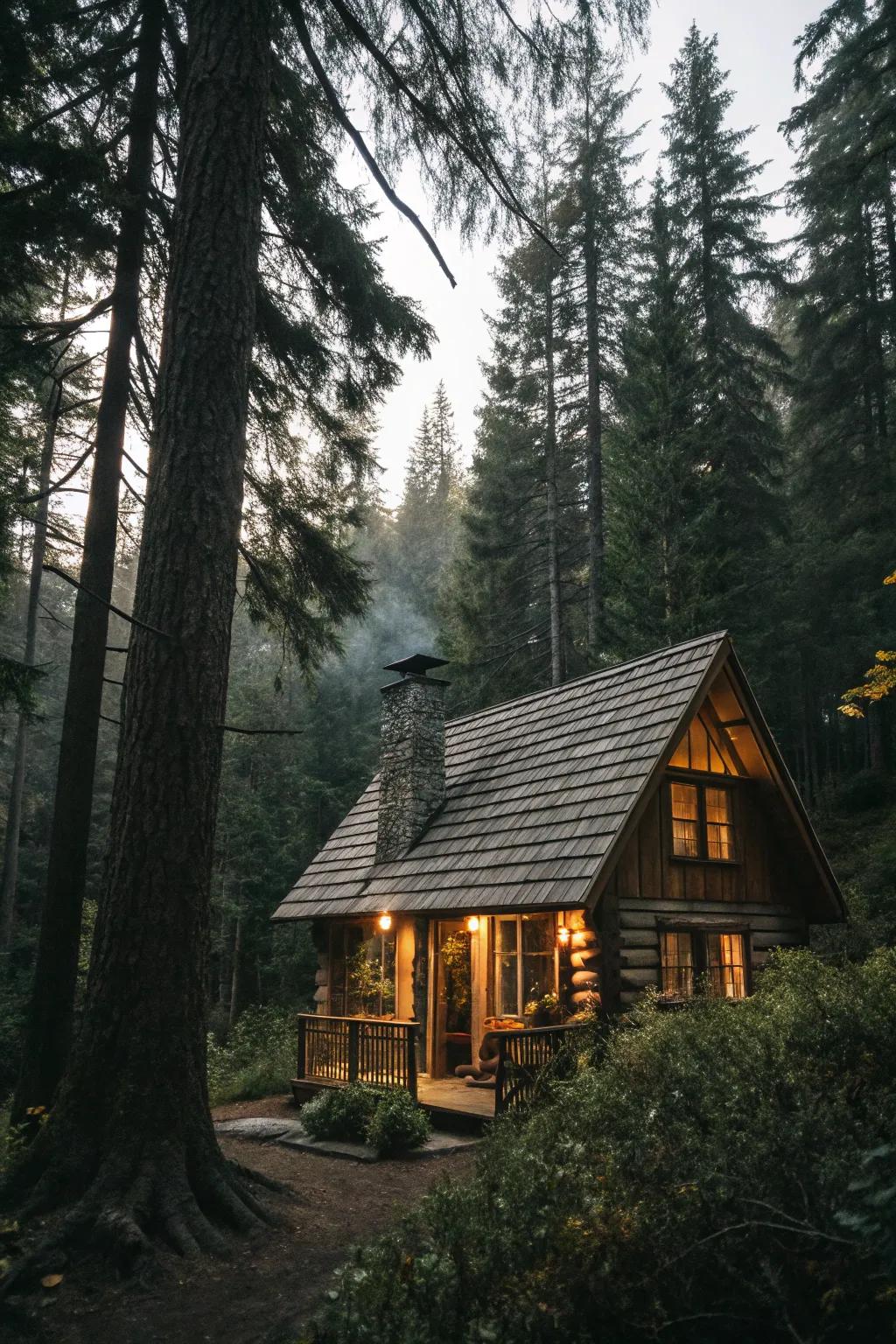 A cozy cabin with wood shake roofing nestled in a dense forest.