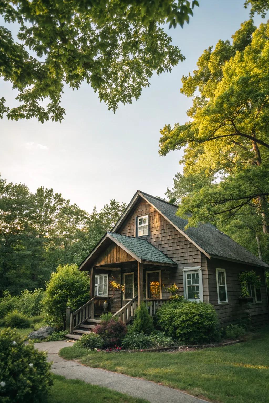A cabin with a classic gable roof nestled in nature.