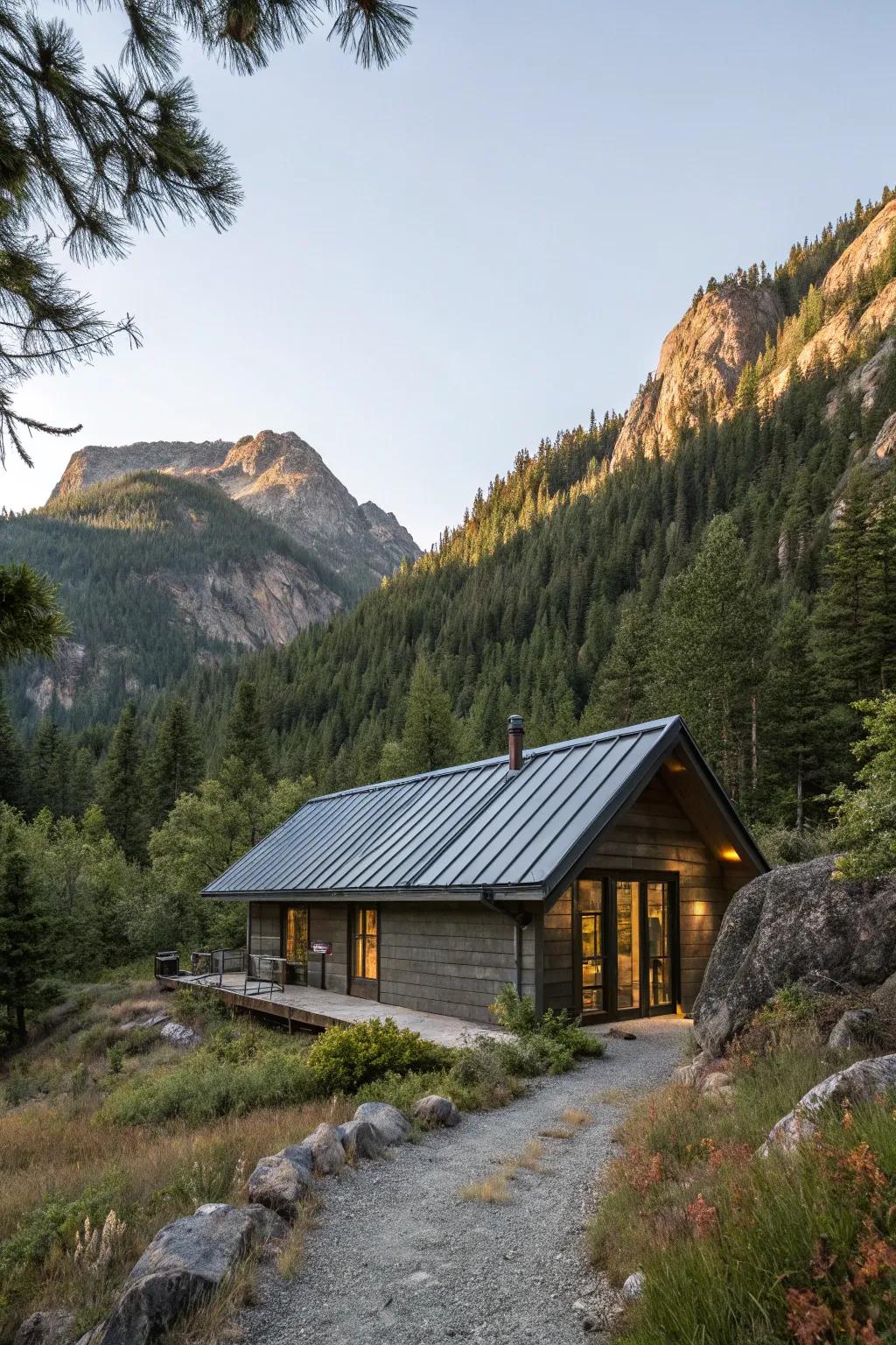 A cabin with a sleek metal roof standing strong in the mountains.