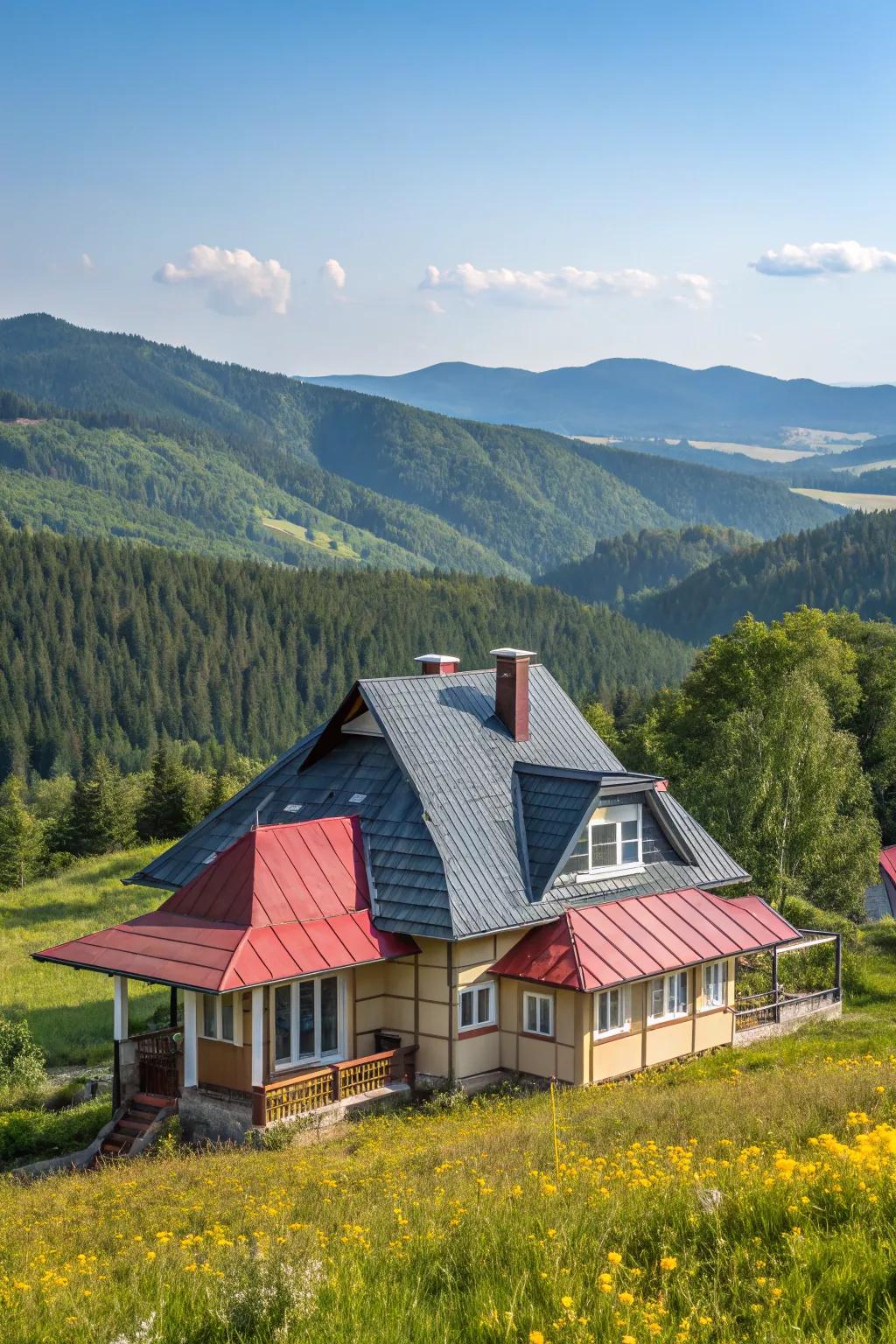 A unique cabin showcasing a combination of different roof styles.