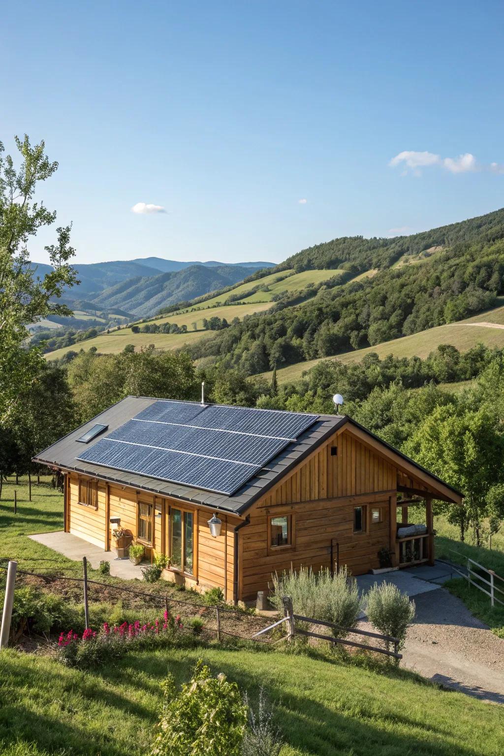 A cabin embracing sustainability with solar panels on the roof.