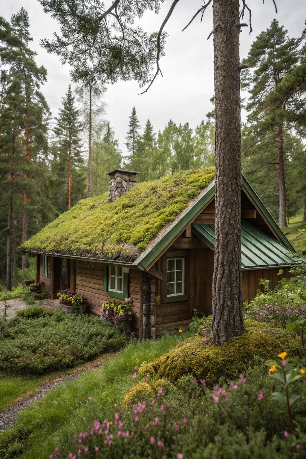 A cabin with a green roof seamlessly merging with nature.