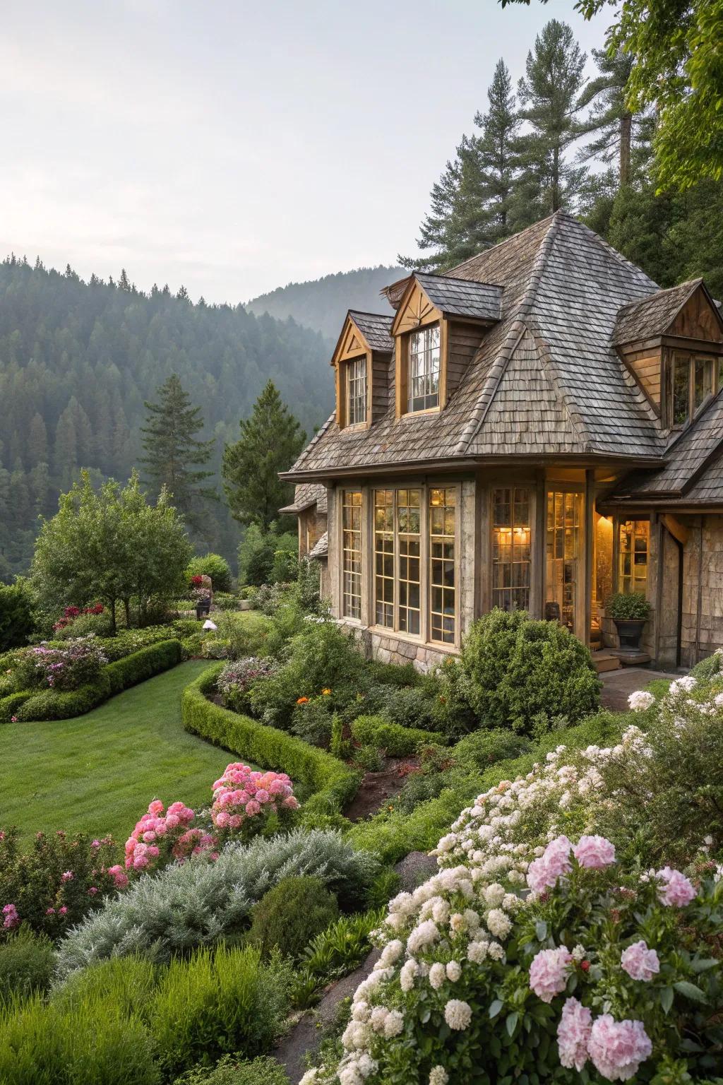 An elegant cabin with a mansard roof exuding French charm.