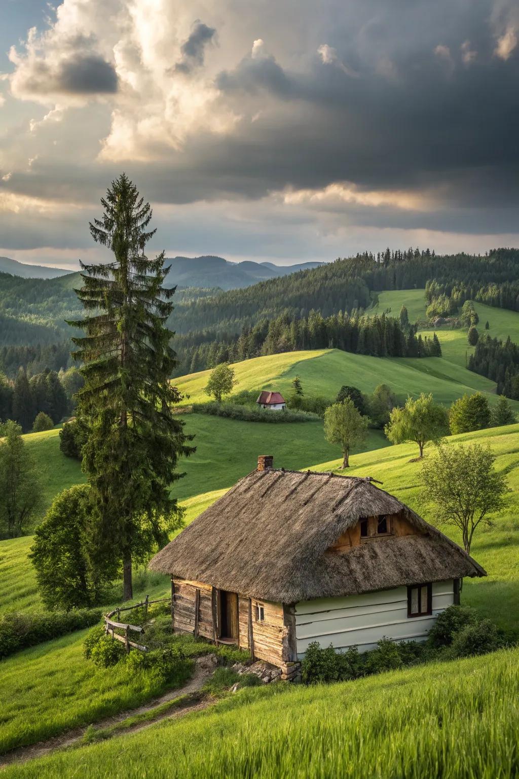 A quaint cabin with a thatched roof exuding rustic charm.