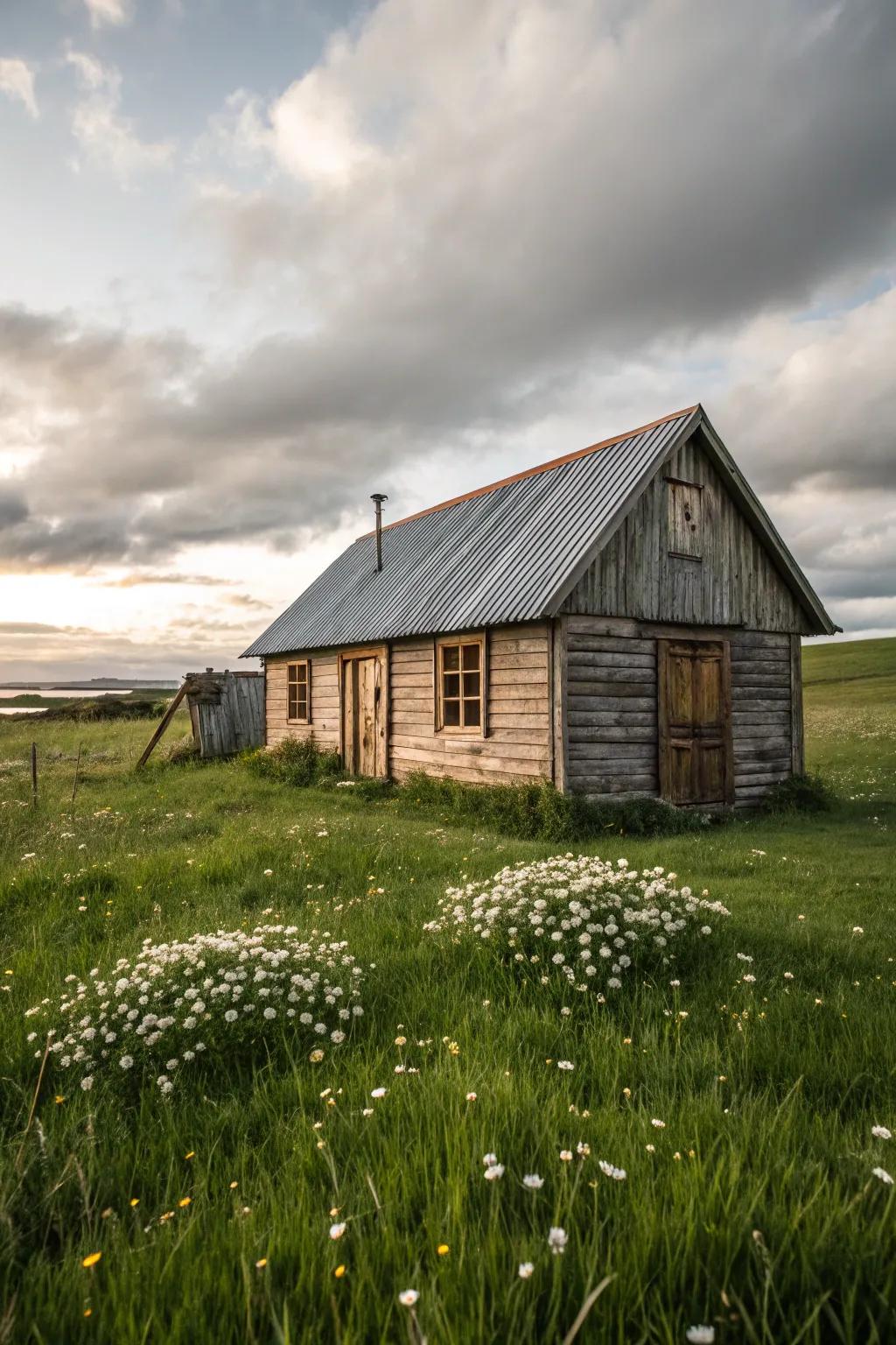 A cabin with an industrial-style corrugated iron roof.