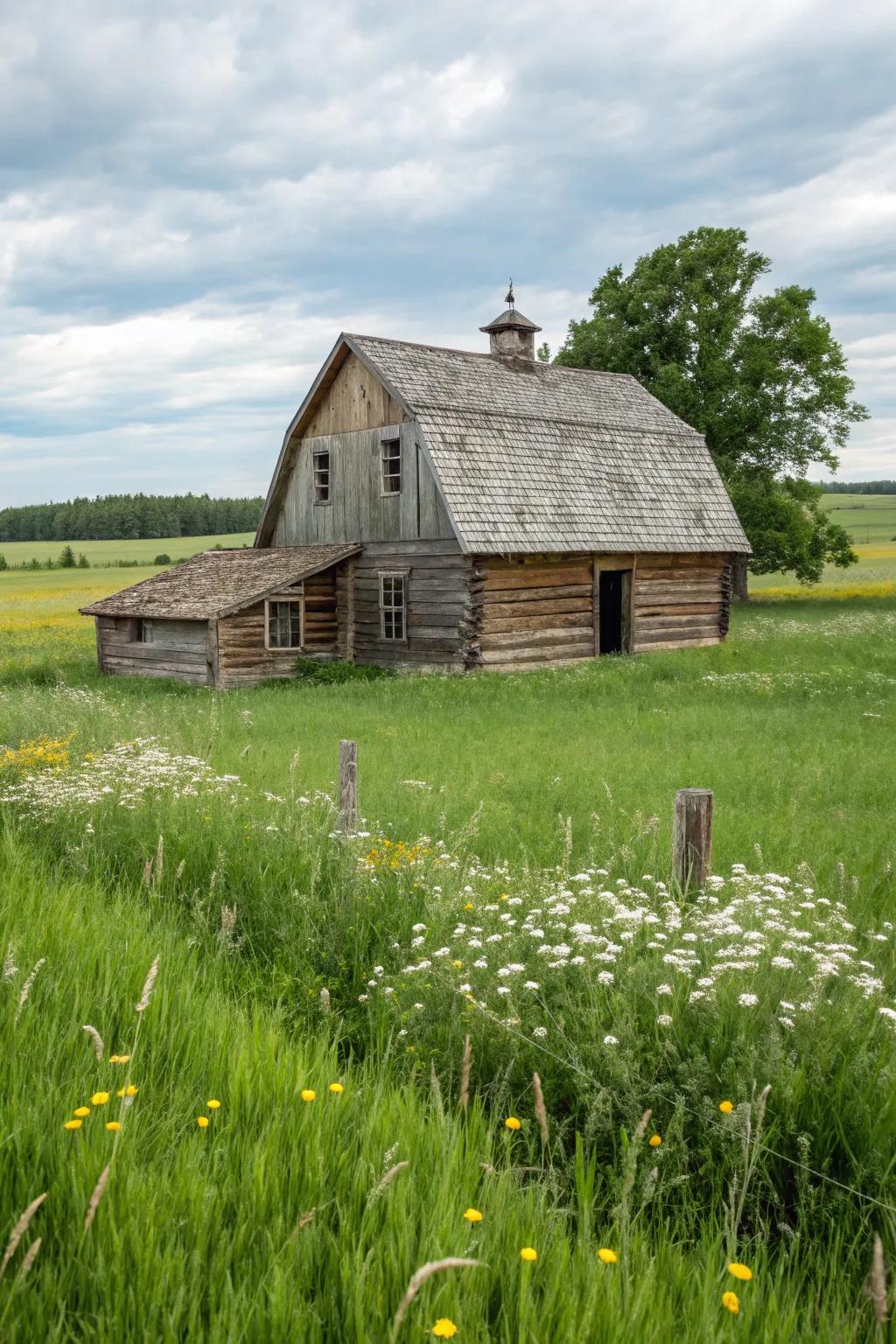 A charming cabin with a gambrel roof set in a serene field.