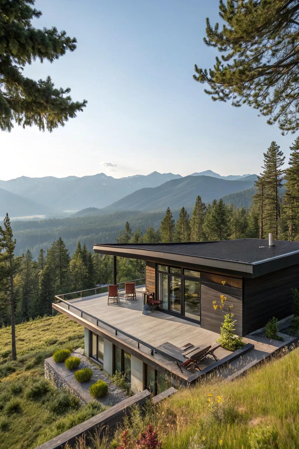 A modern cabin with a flat roof doubling as a terrace.
