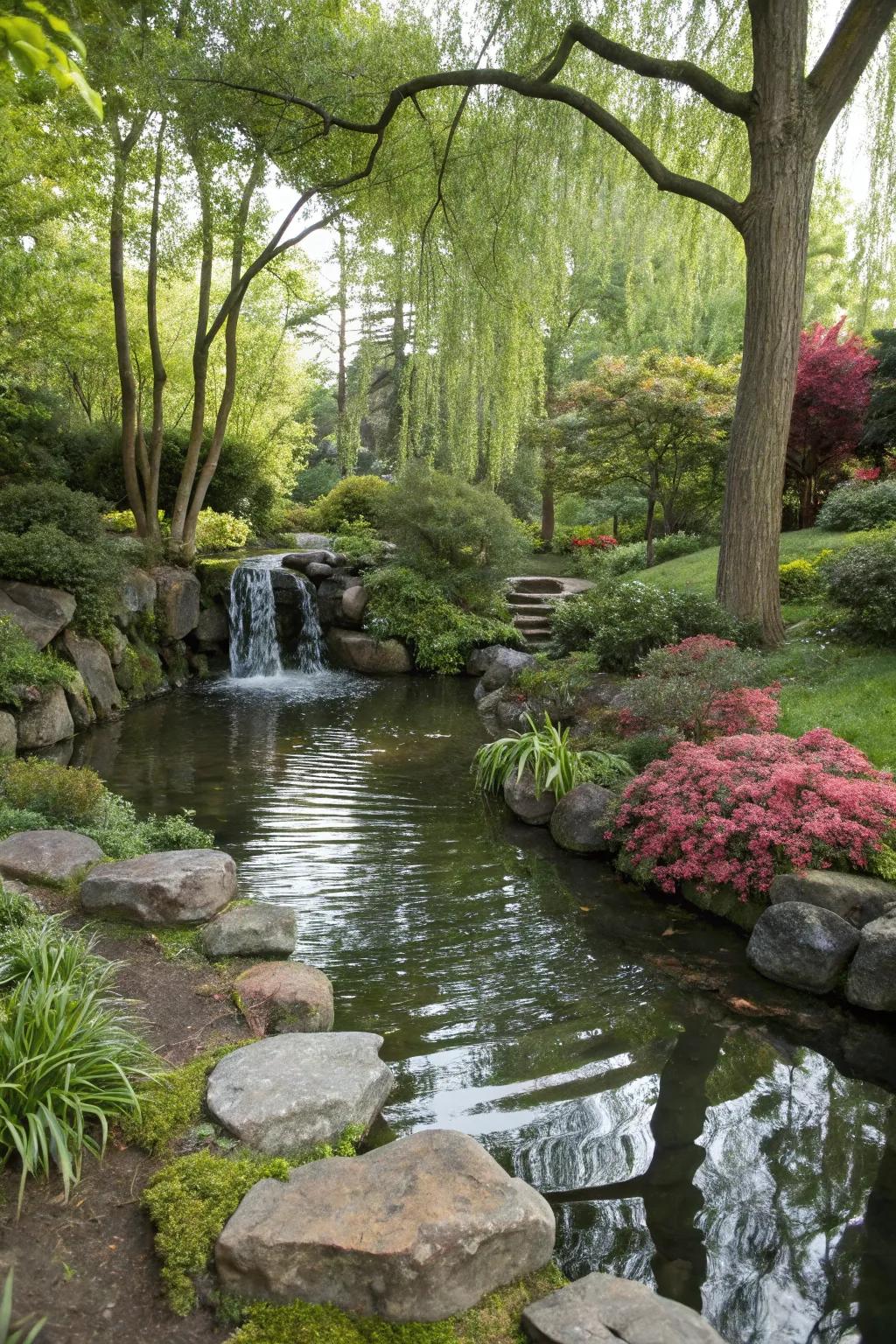 A garden pond with a cascading waterfall surrounded by lush greenery.