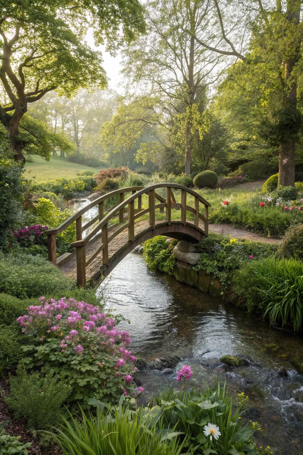 An elegant wooden bridge over a charming garden stream.