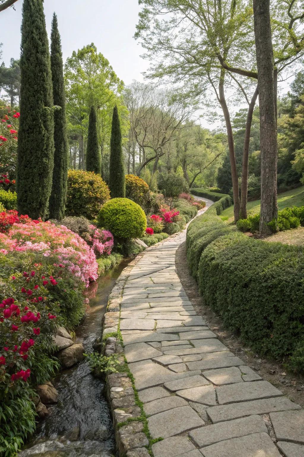 A stone pathway meandering through a lush garden.