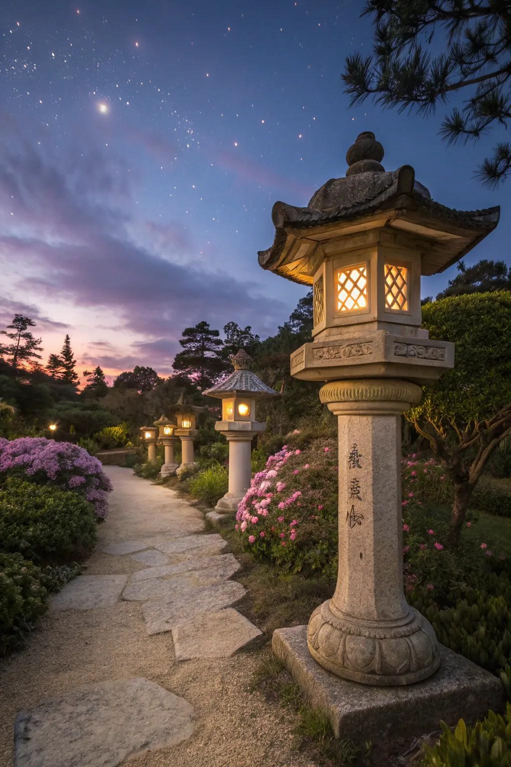 Traditional stone lanterns casting a warm glow at dusk.