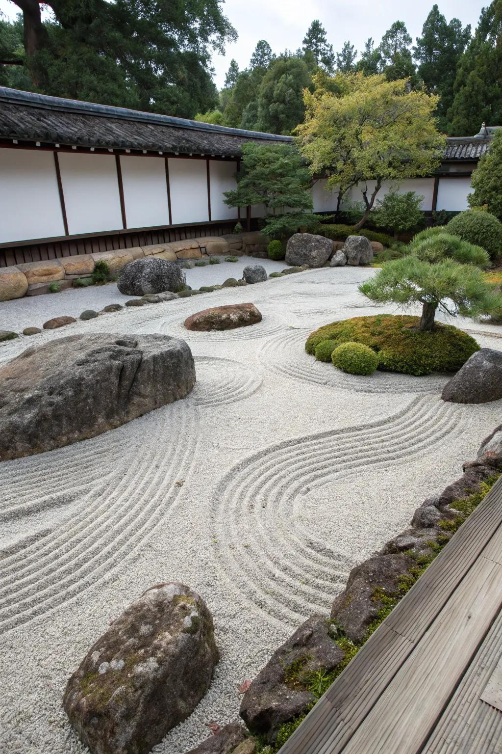A Zen garden with beautifully raked gravel and stones.