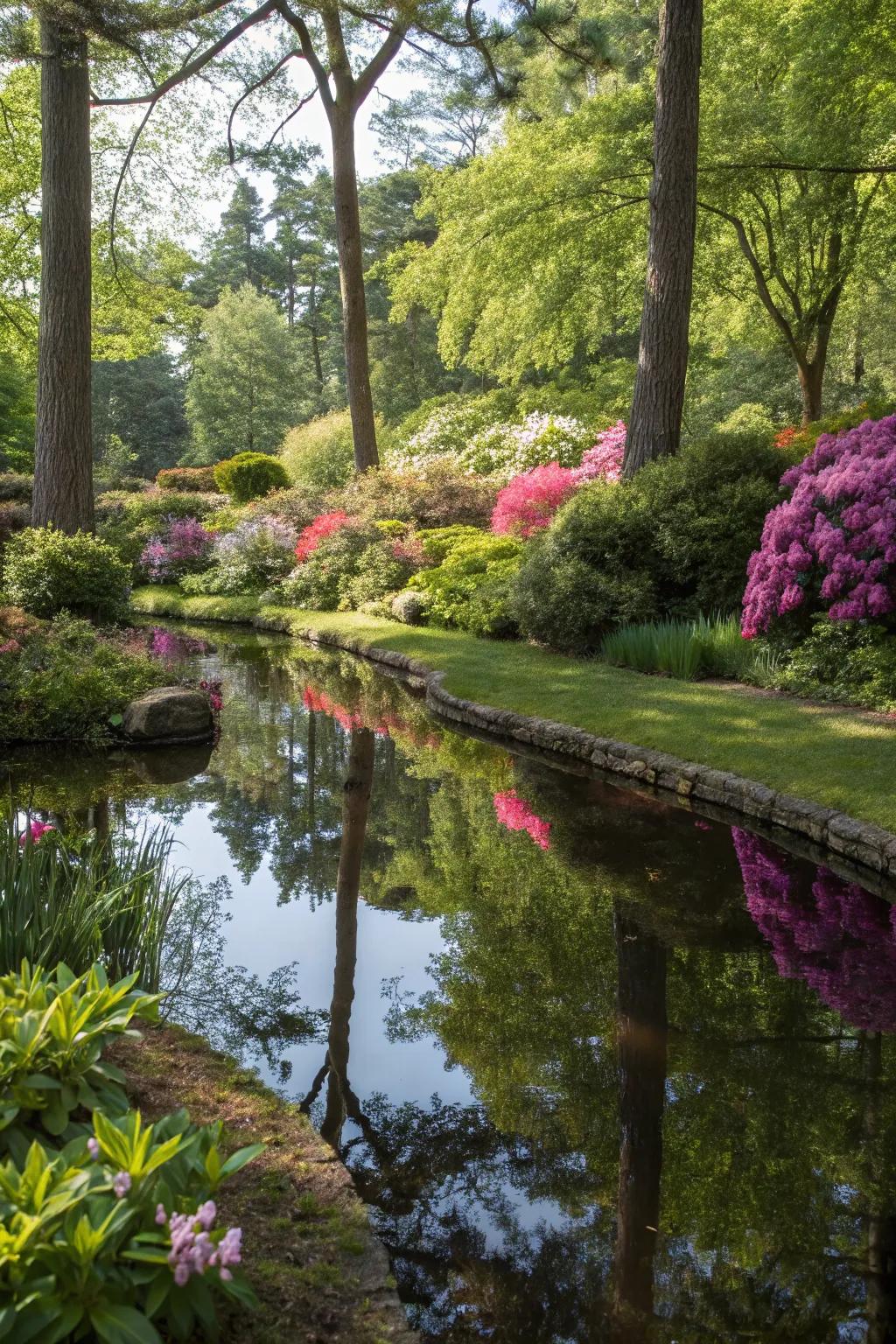 A garden pond reflecting the surrounding beauty.