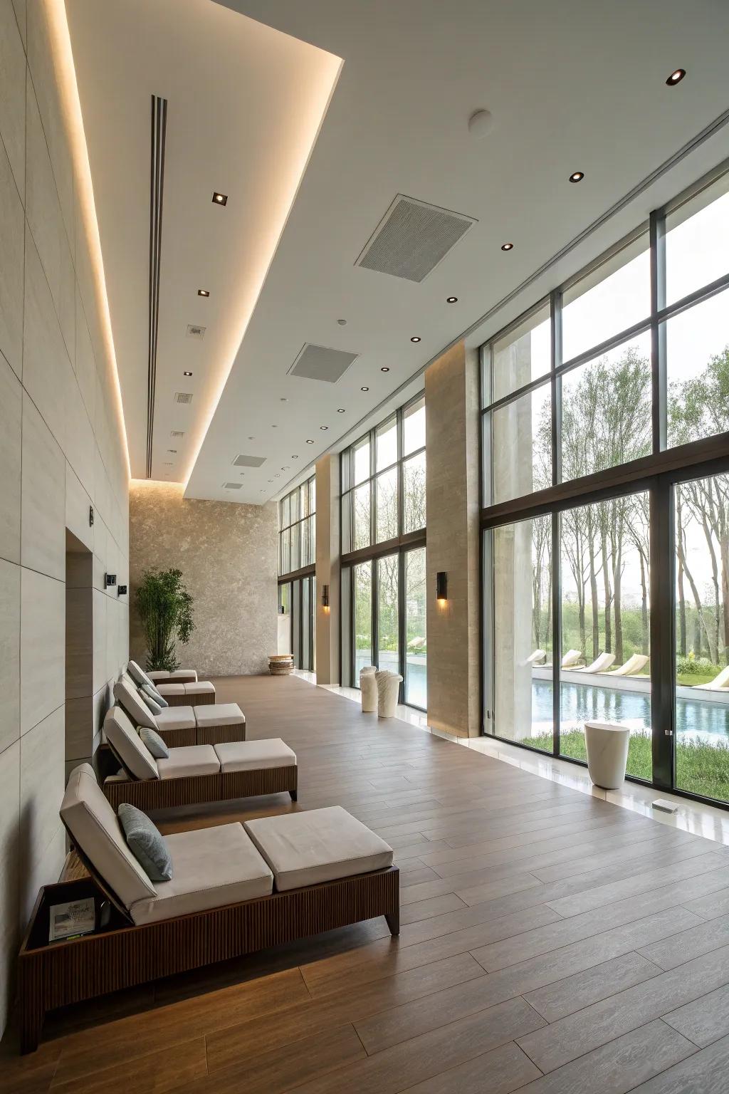 A minimalistic spa lobby with clean lines that promotes tranquility.
