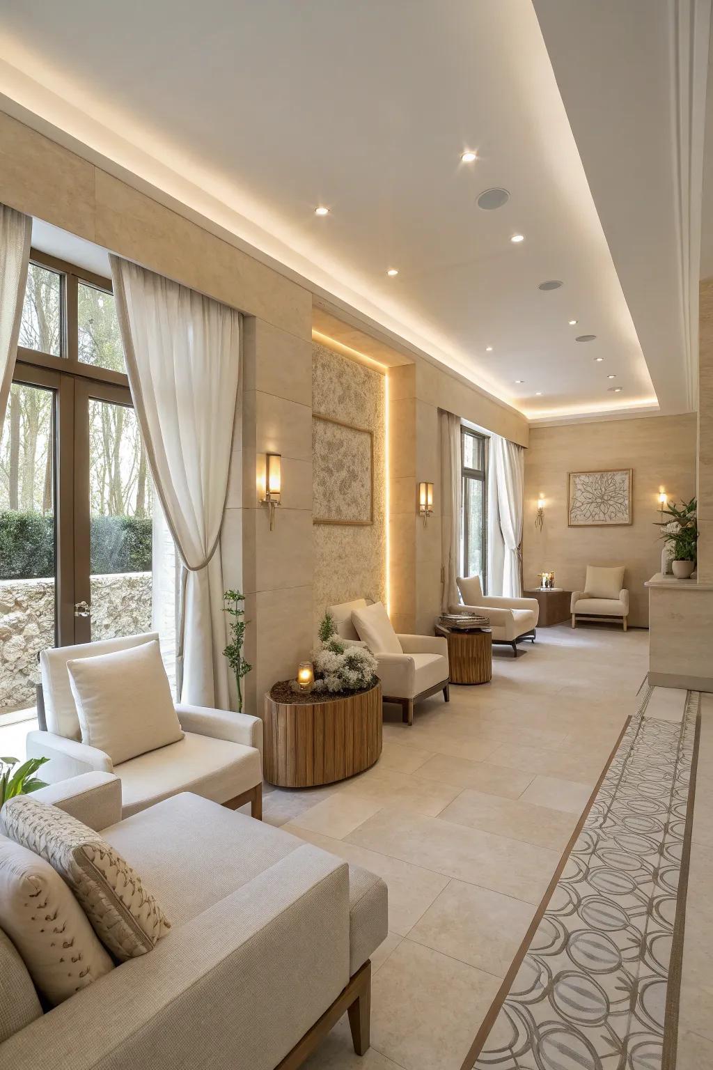 A spa lobby showcasing a calming neutral color palette.