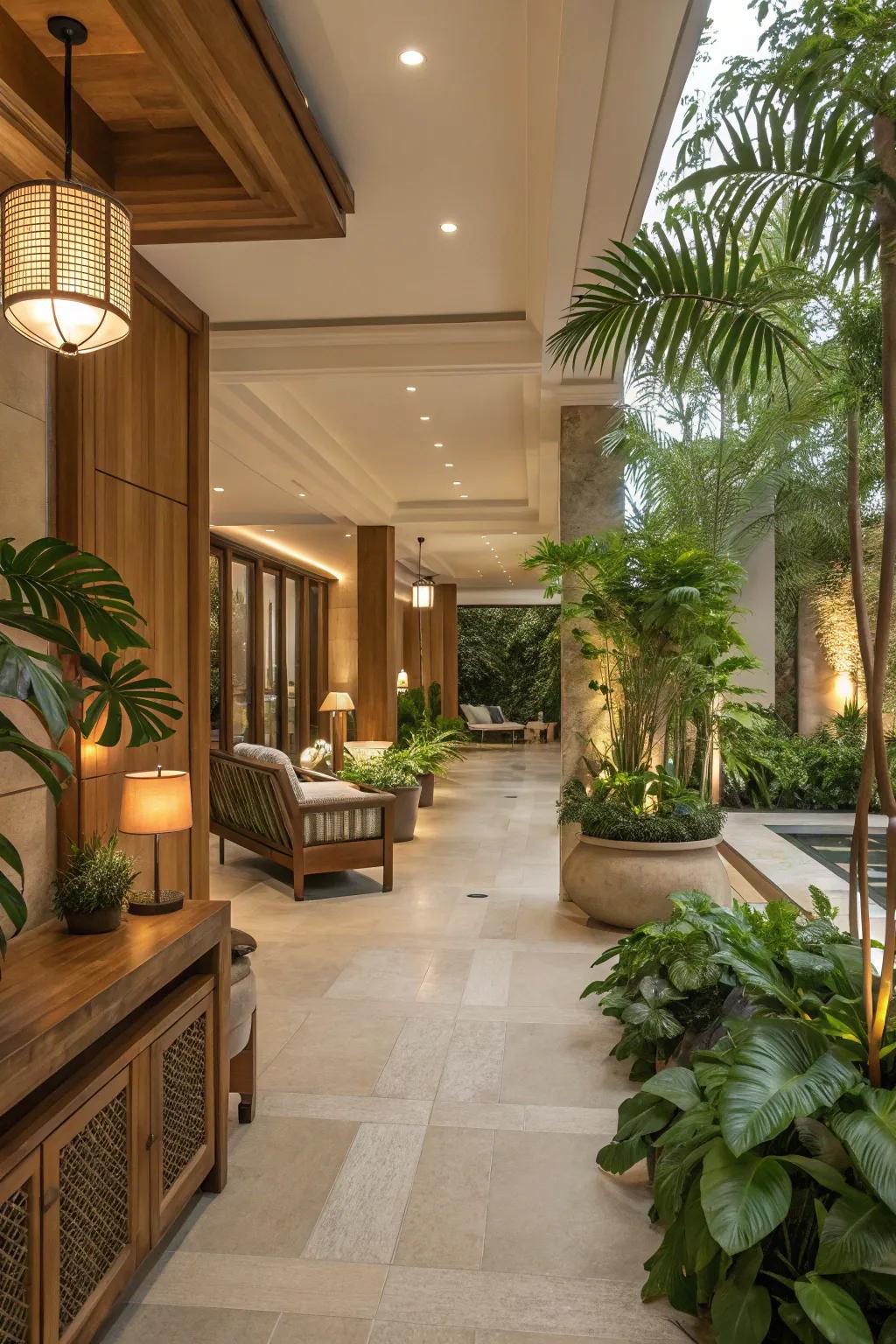 Natural elements like plants and wood creating a refreshing ambiance.