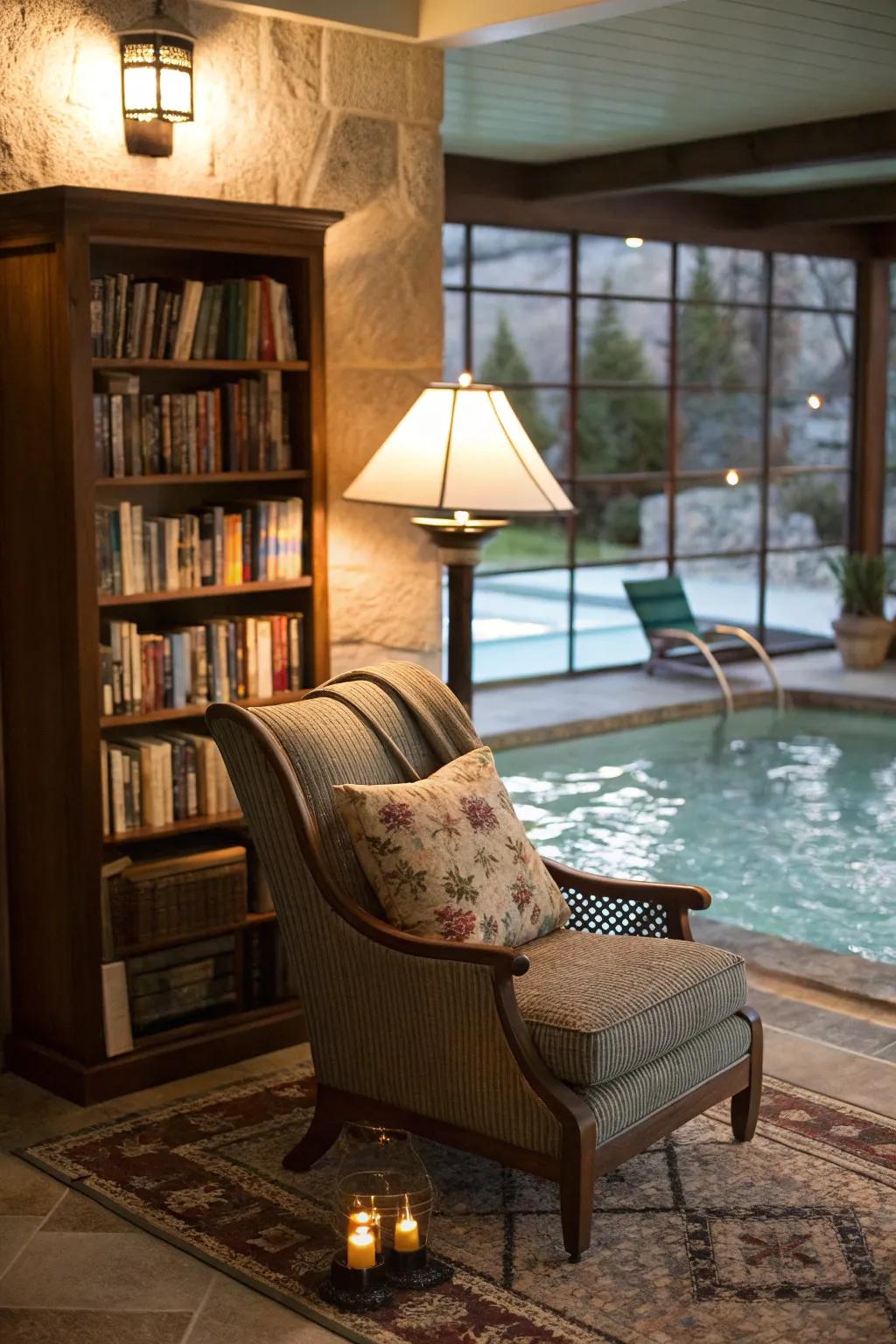 A reading nook offers a peaceful retreat by the pool.
