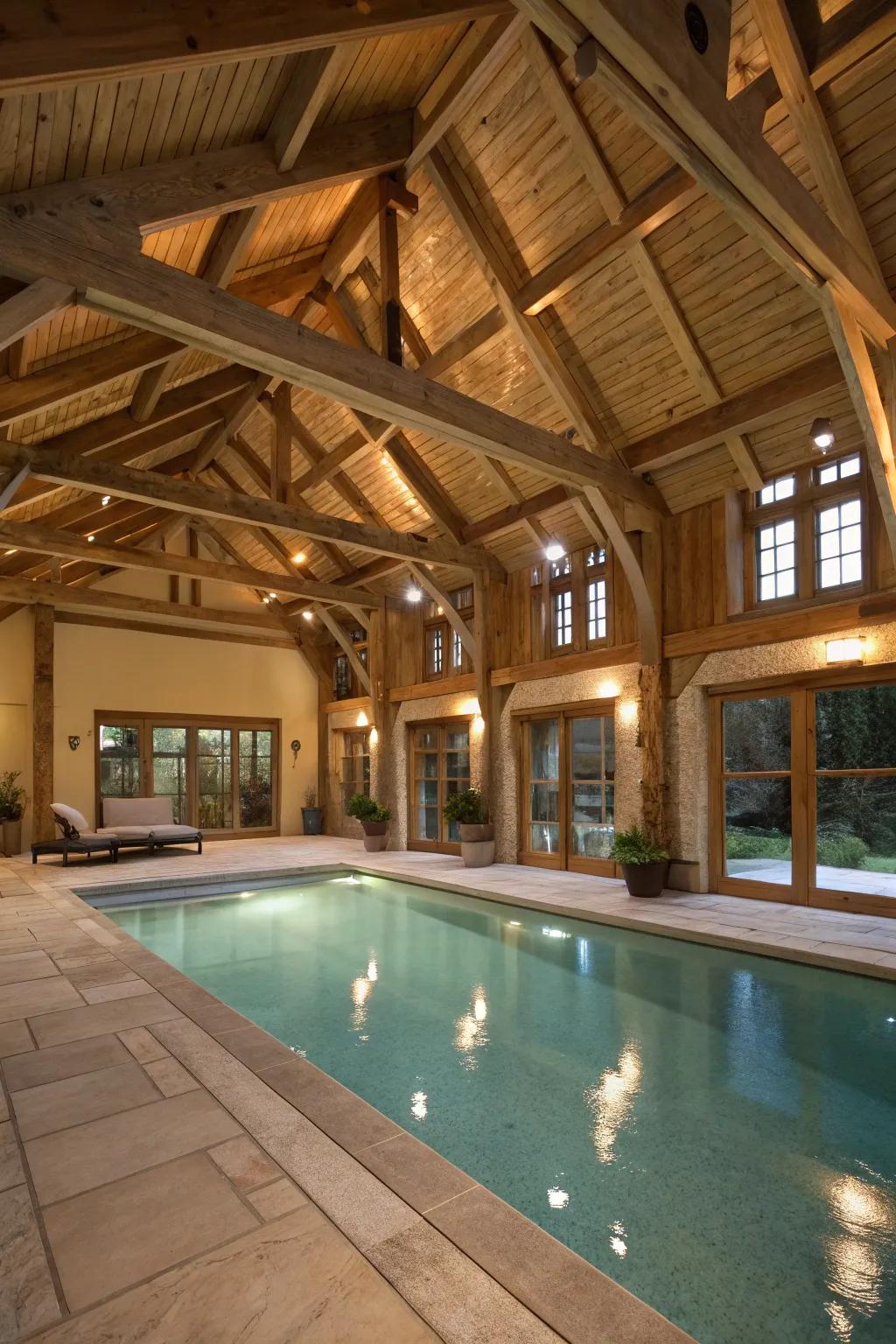 Wood elements bring warmth to your pool house design.