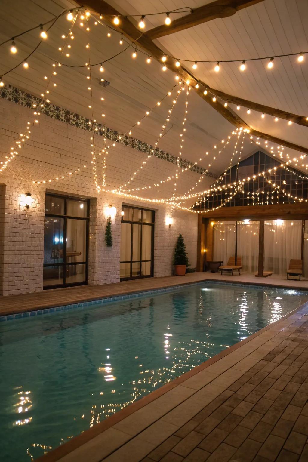 String lights add a magical touch to evening swims.