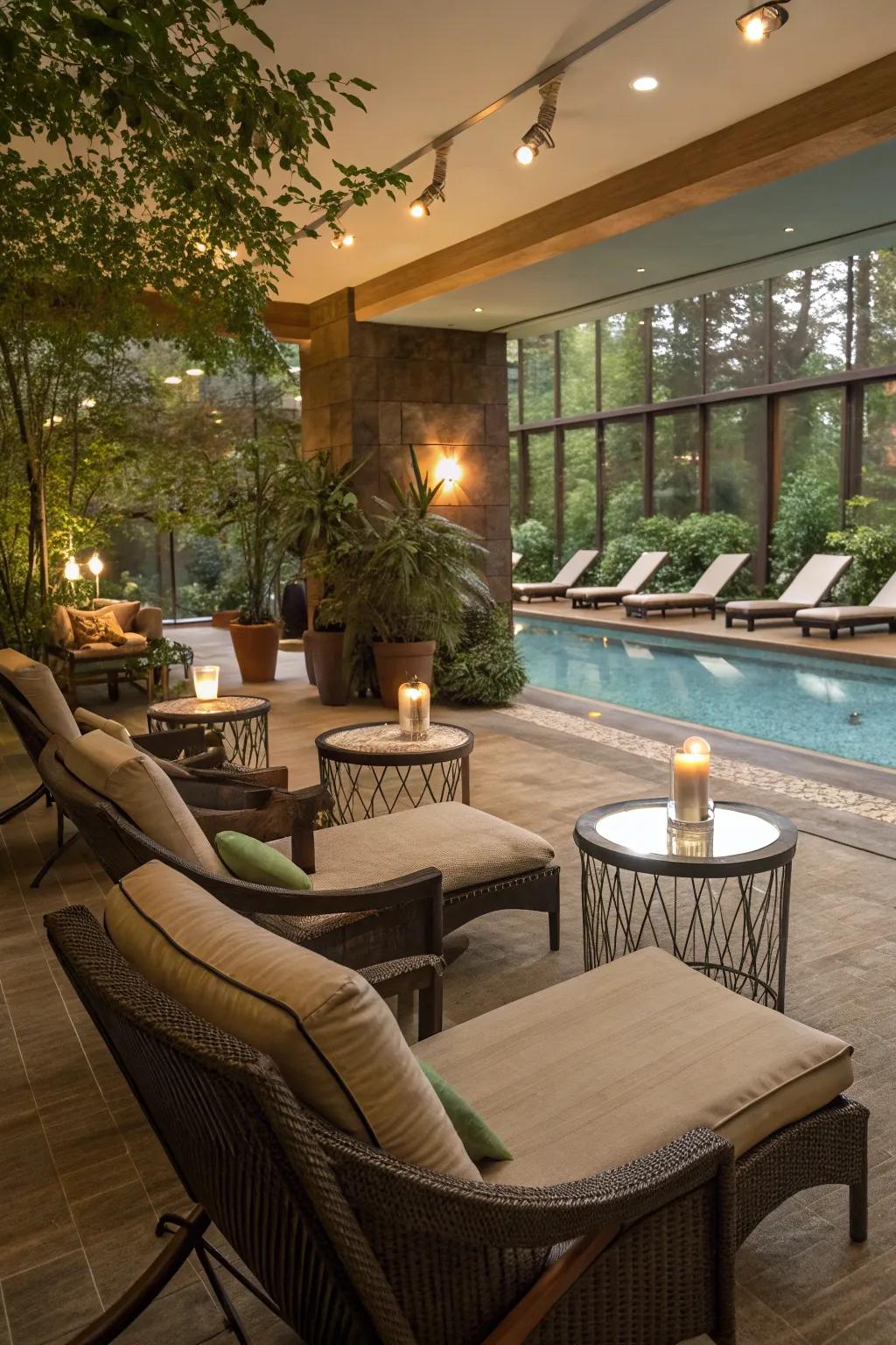 Comfortable seating enhances relaxation by the pool.