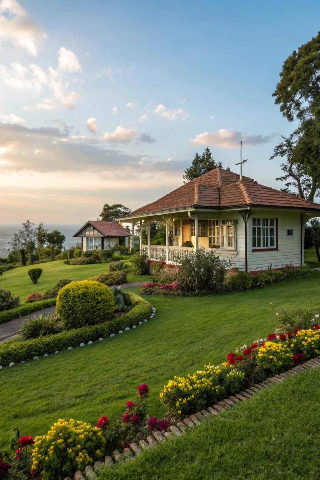 A bungalow with a lush green lawn, perfect for lounging or playing.