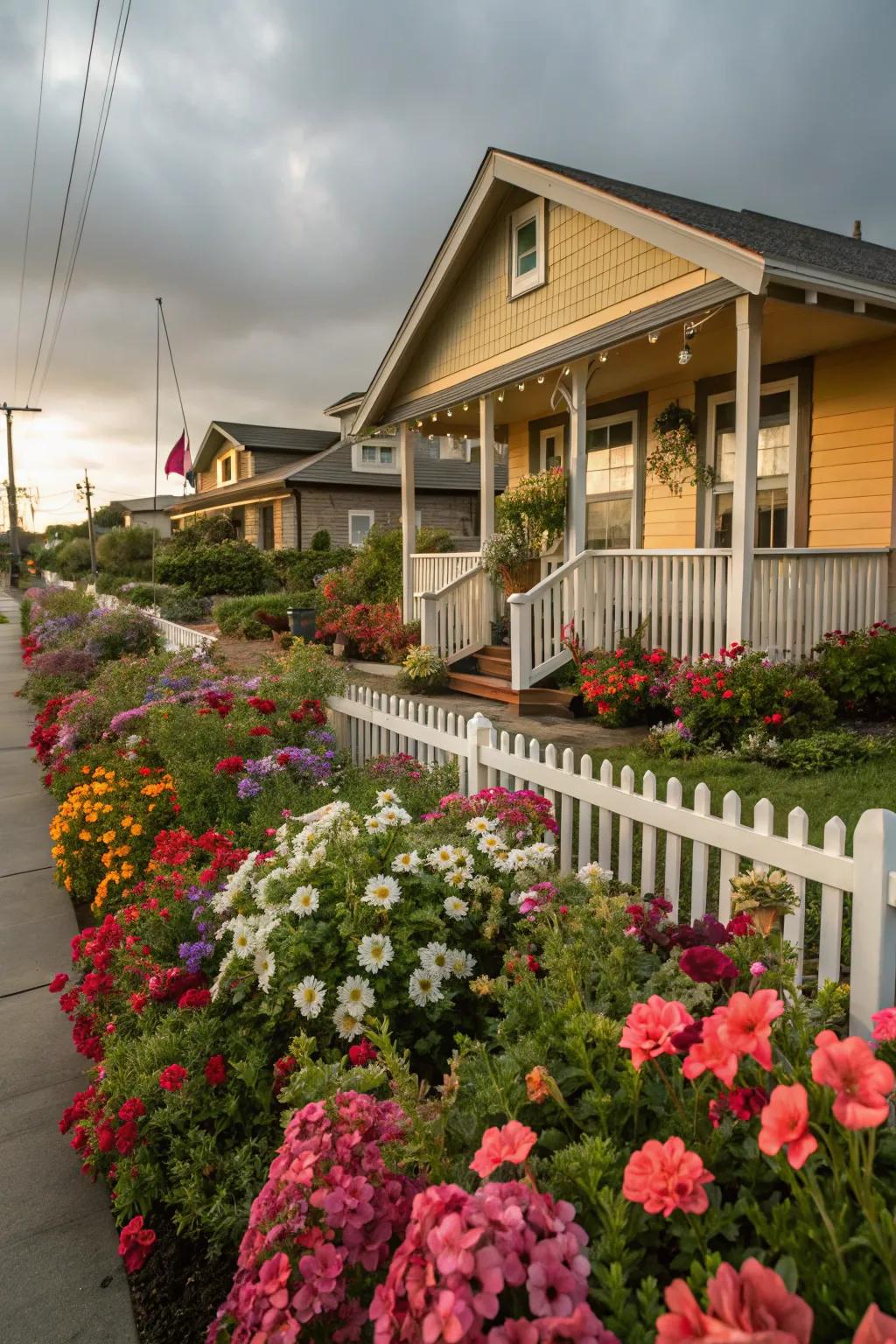 Colorful flower beds add a pop of charm to this cozy bungalow.