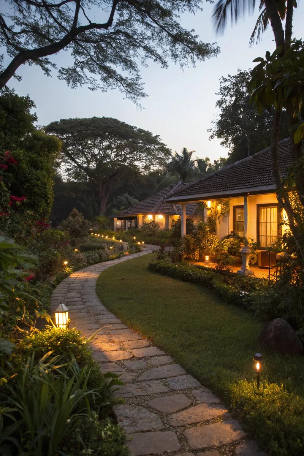 Soft lighting transforms the garden into an enchanting evening retreat.