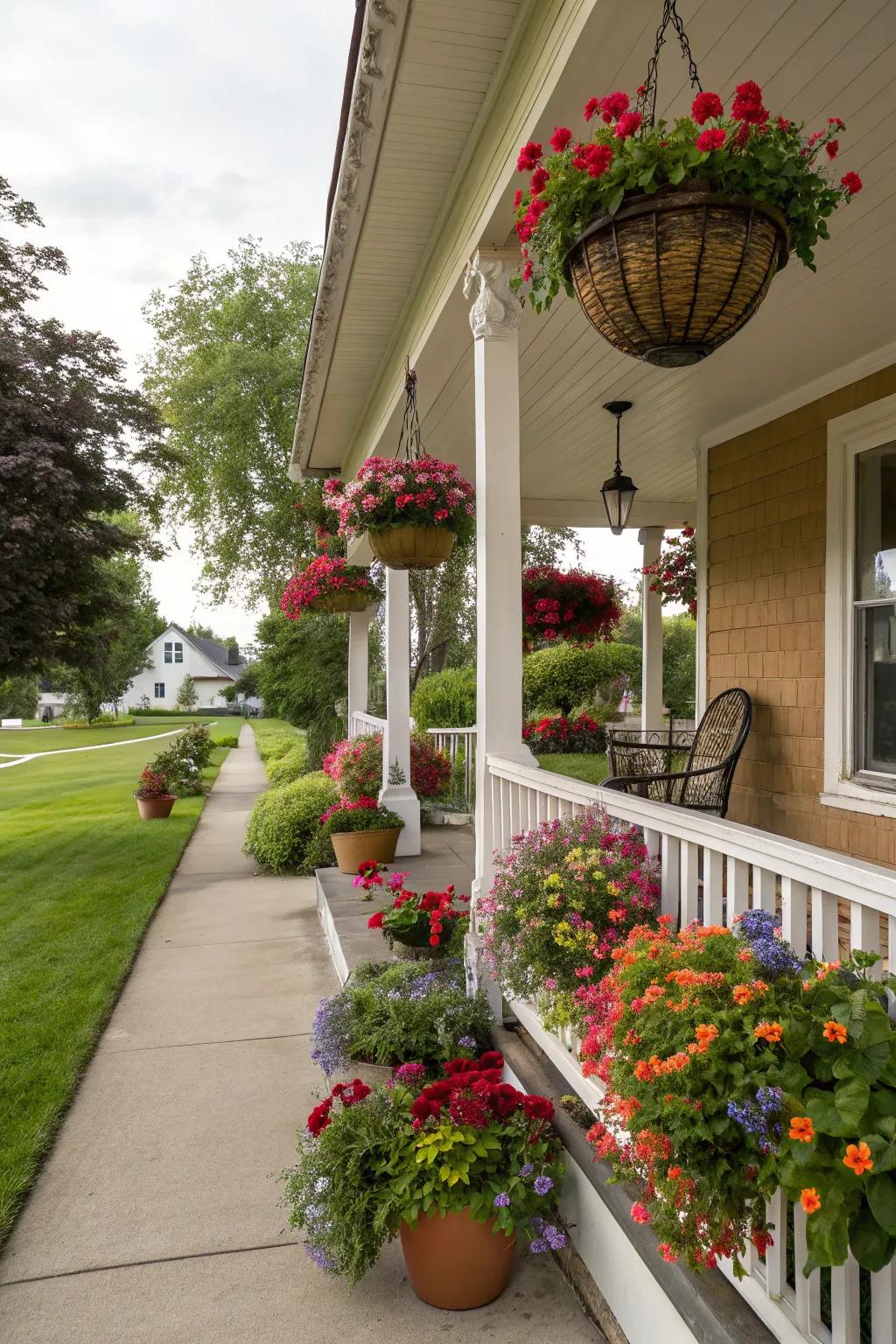 A porch adorned with plants offers a warm and inviting welcome.