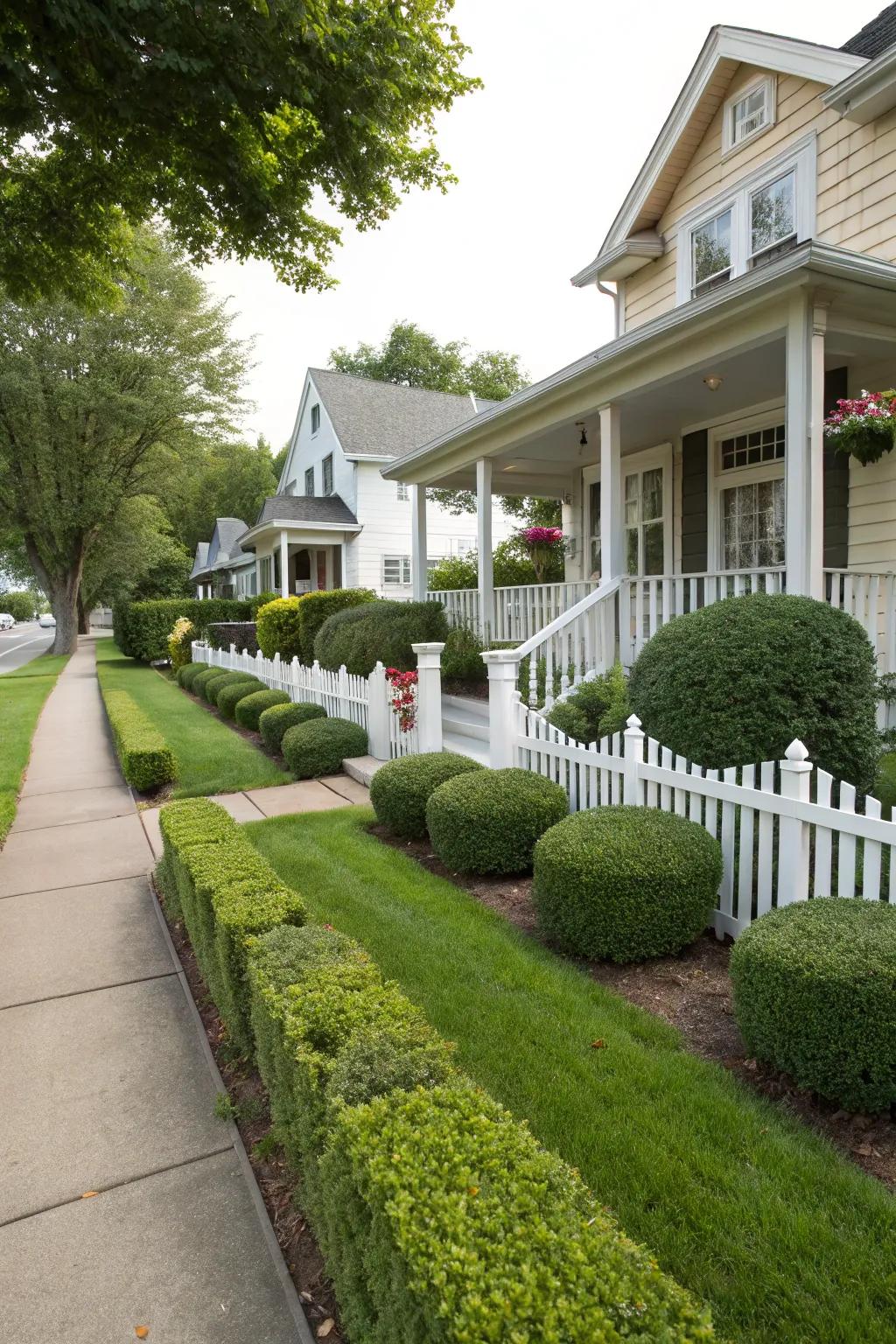 Neatly trimmed shrubs frame the bungalow beautifully.
