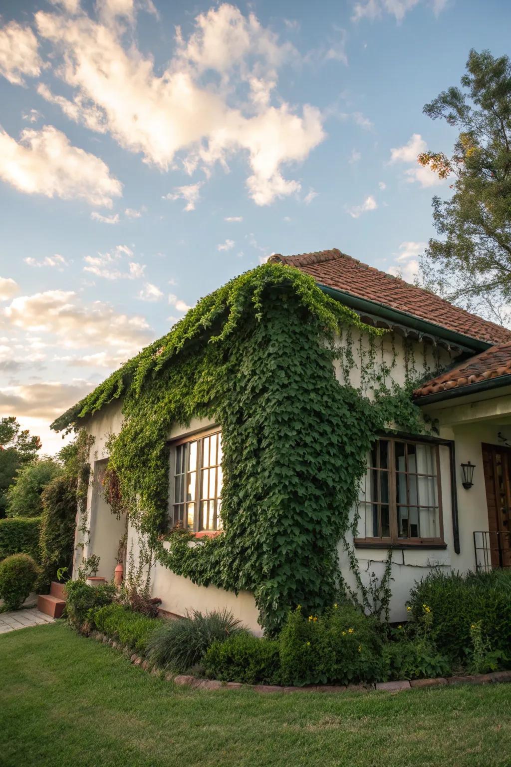 Climbing vines weave their way into the landscape, adding texture.