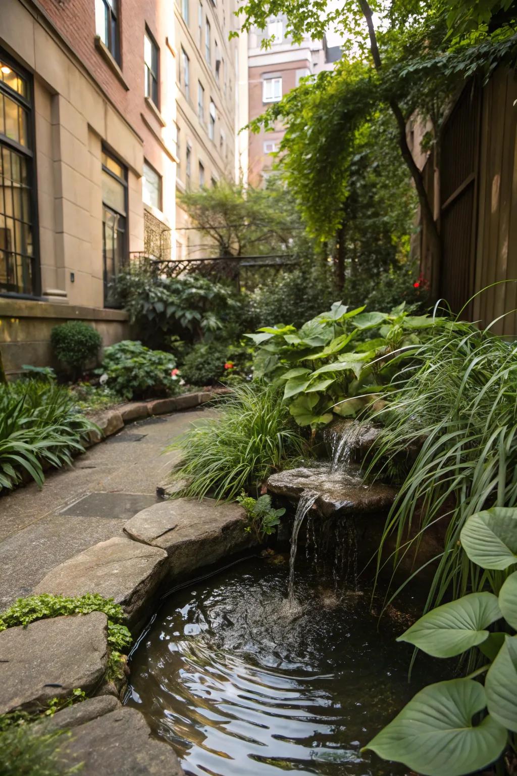 A water feature adds tranquility to urban gardens.