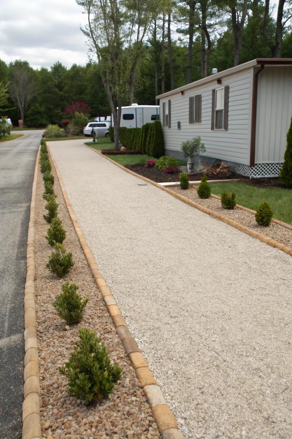 A charming gravel driveway that blends seamlessly with nature.