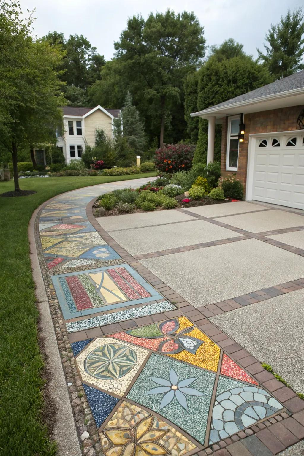 Mosaic tiles add artistic flair to driveways.