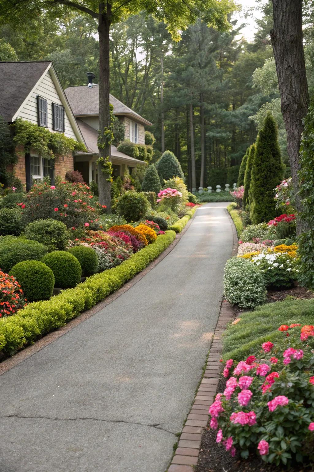 Lush borders turn a simple driveway into a garden path.