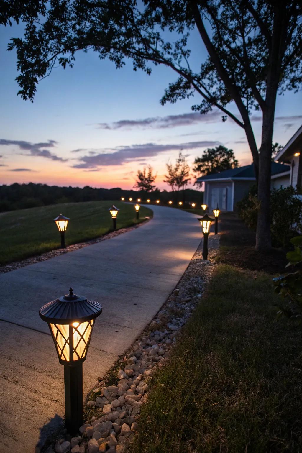 Pathway lighting creates a warm and inviting atmosphere.