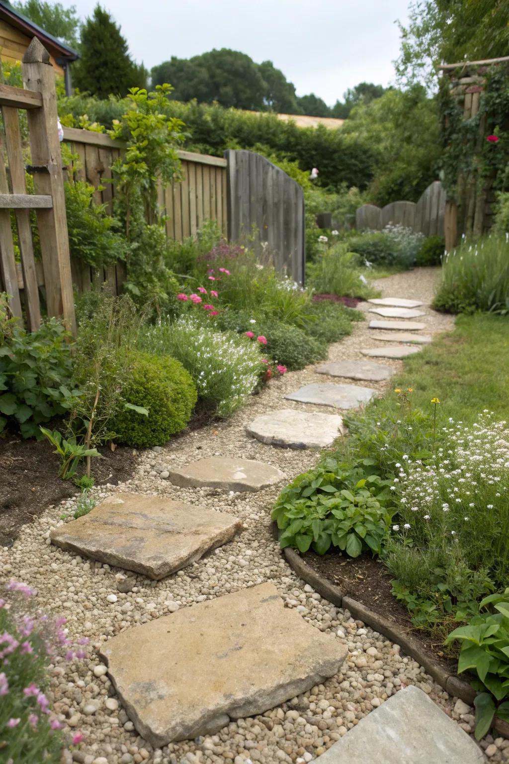 A rustic walkway with natural stone pavers.