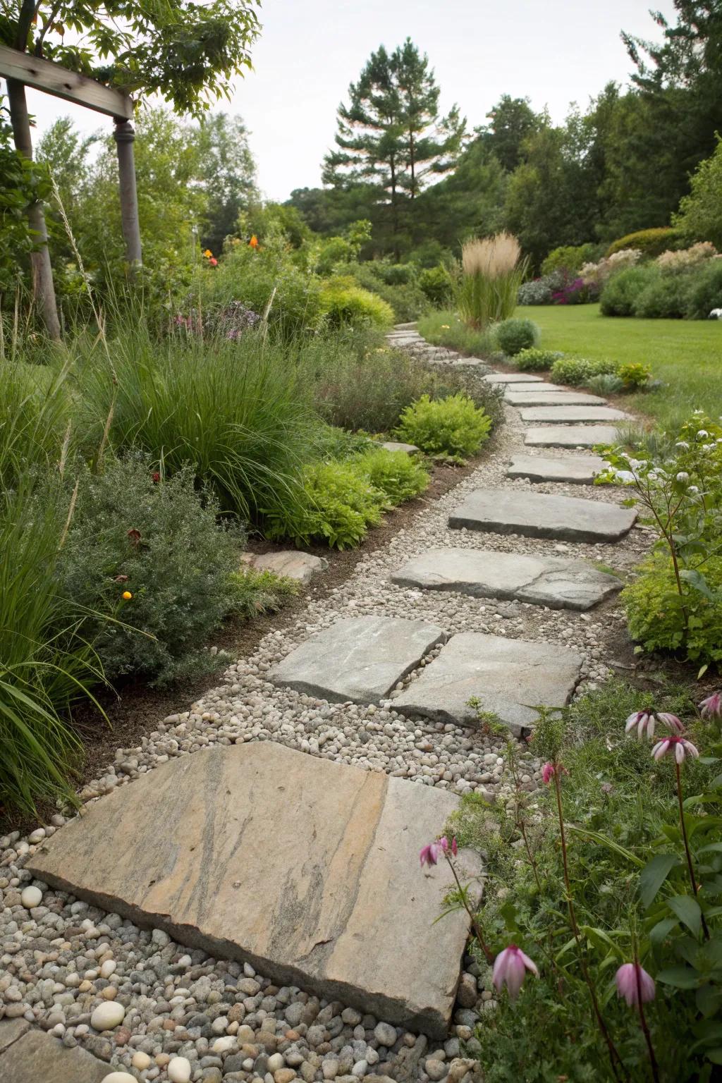 A step stone walkway nestled in a bed of gravel.