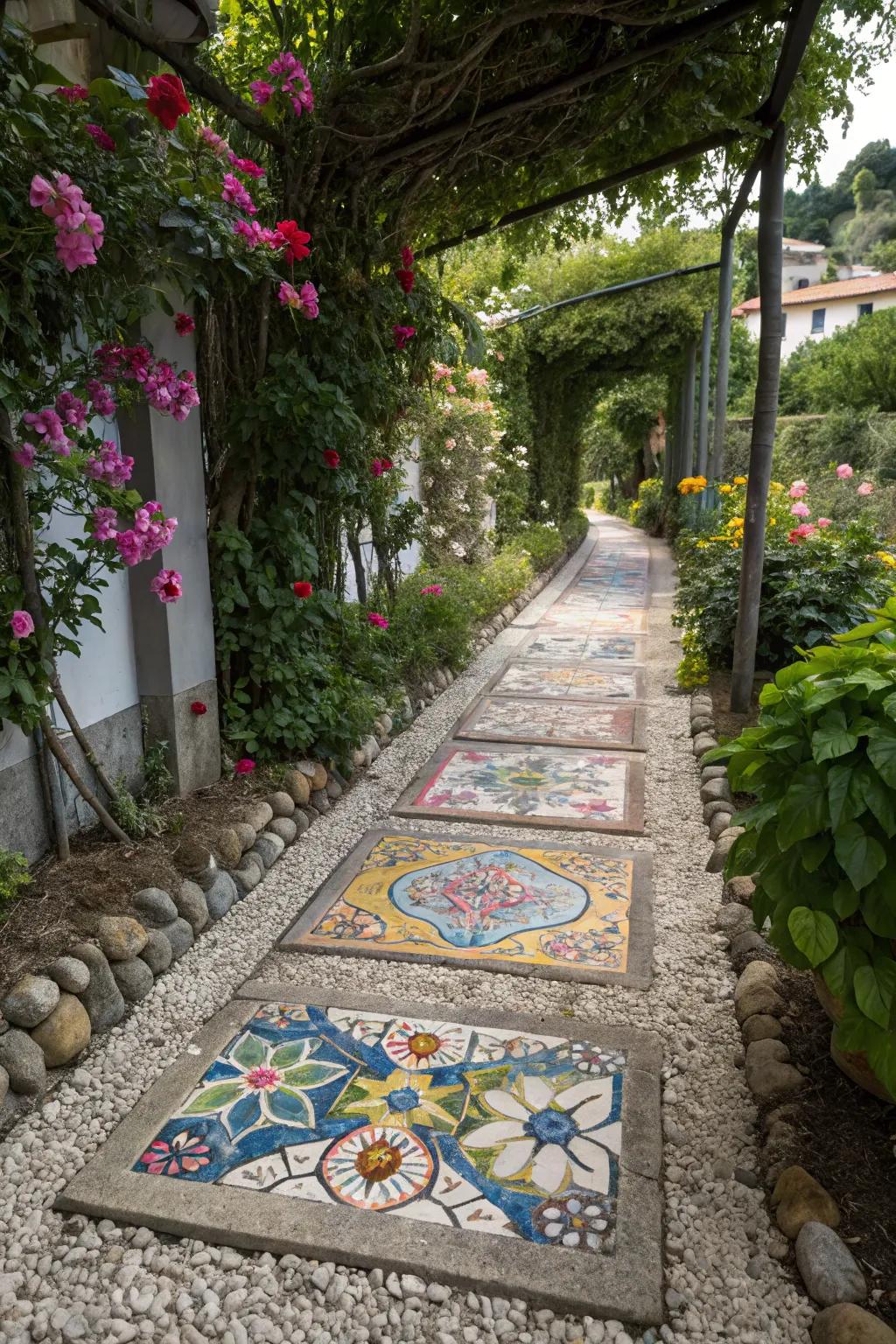 A vibrant walkway featuring colorful mosaic pavers.