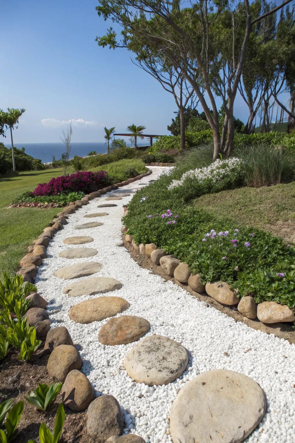 A coastal-style walkway with rounded stones and white gravel.