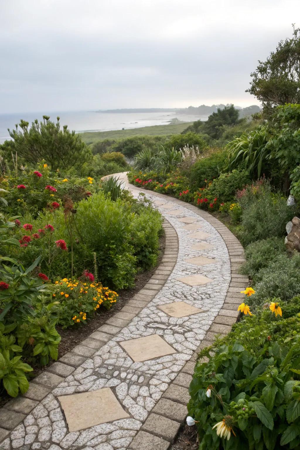 A serene walkway featuring shellstone pavers.