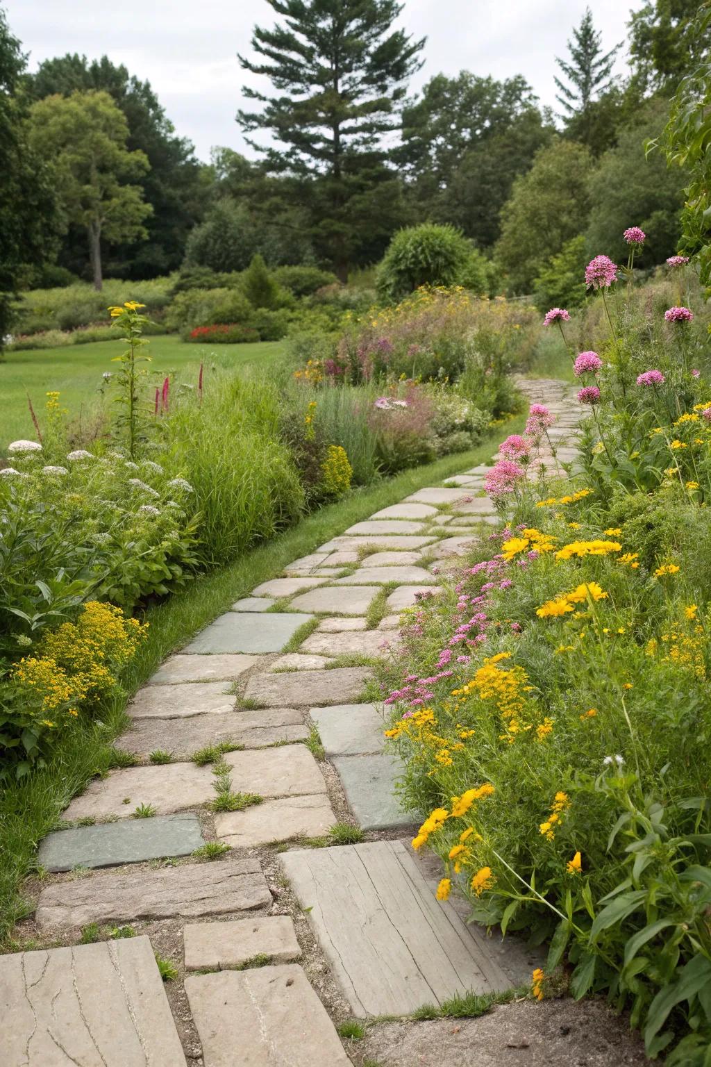 A natural oasis with stone pavers and wildflowers.