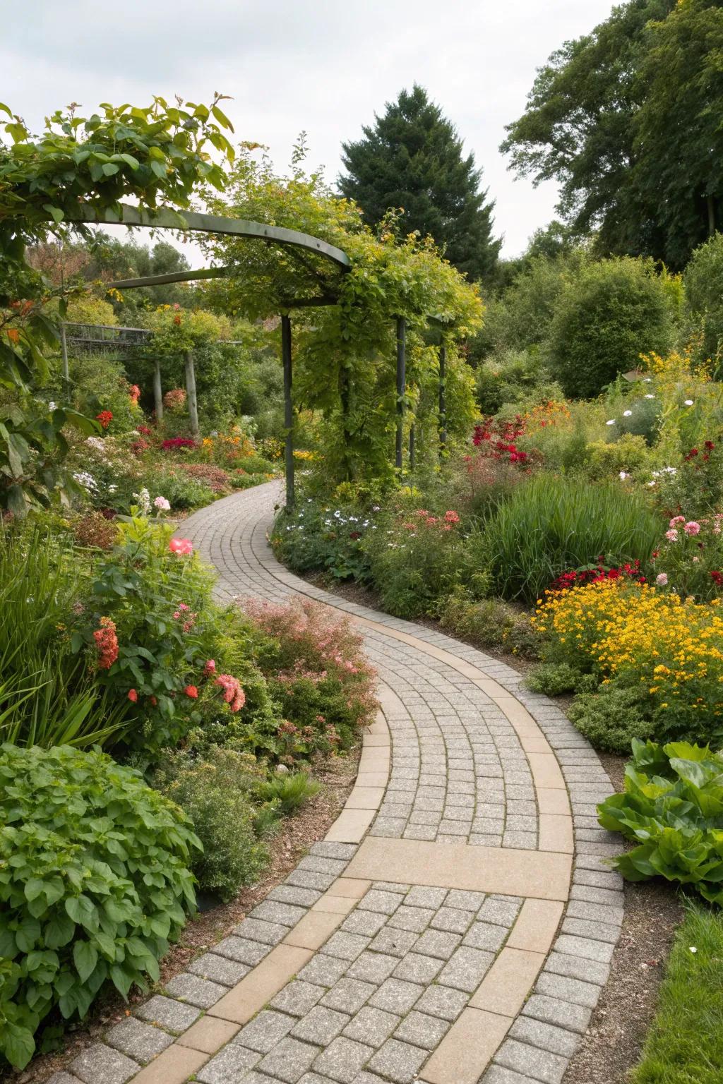 A beautifully curved walkway leading through a vibrant garden.