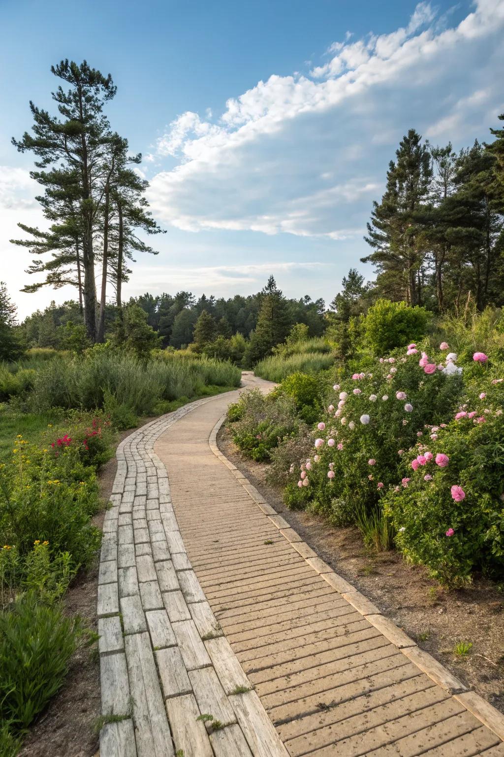 A walkway with the rustic charm of wood-look pavers.