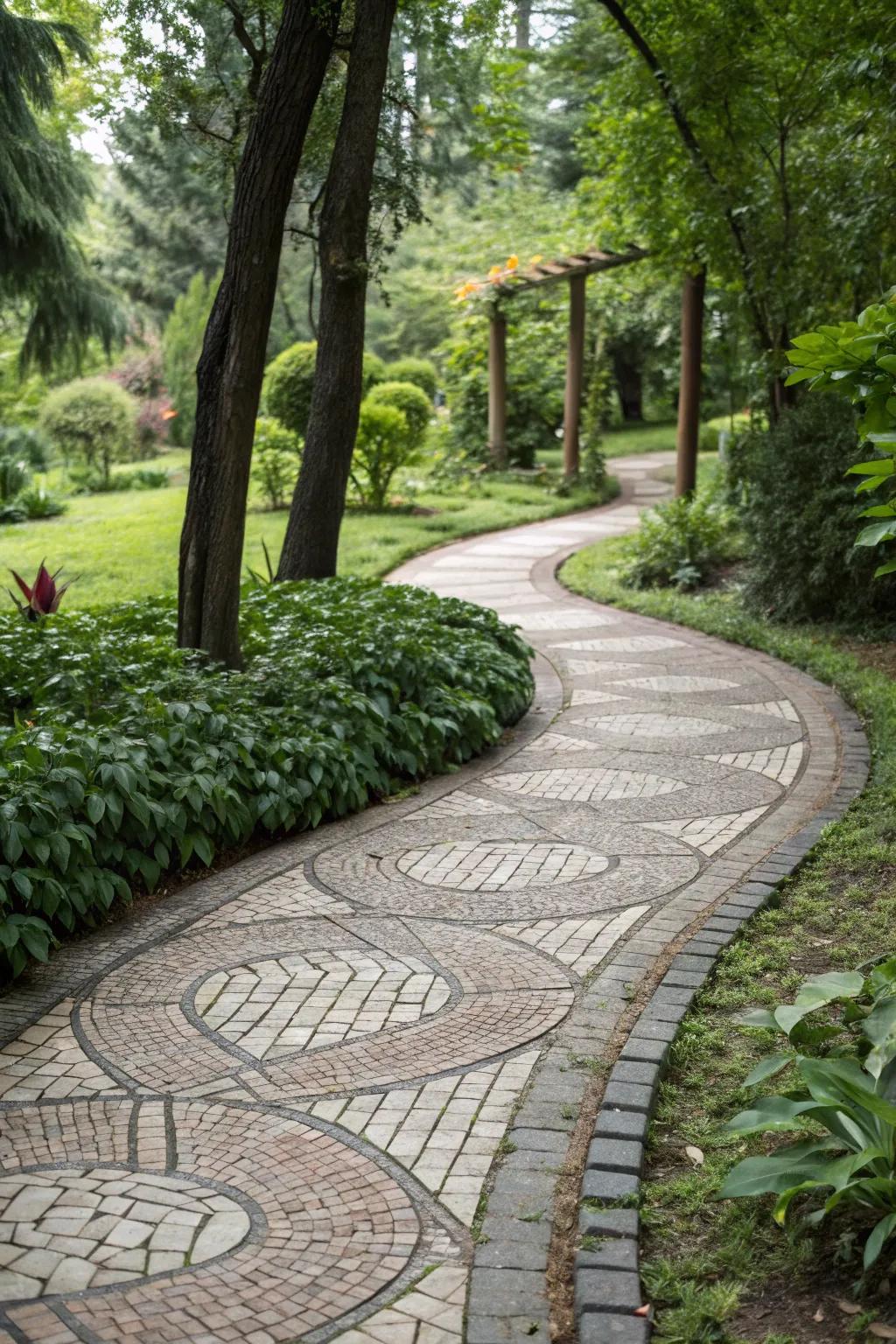 A walkway featuring a unique textured pattern of pavers.